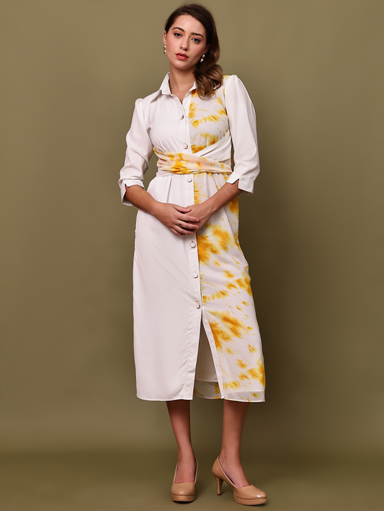 Stylish White & Yellow Tie-Dye Shirt Dress for Women